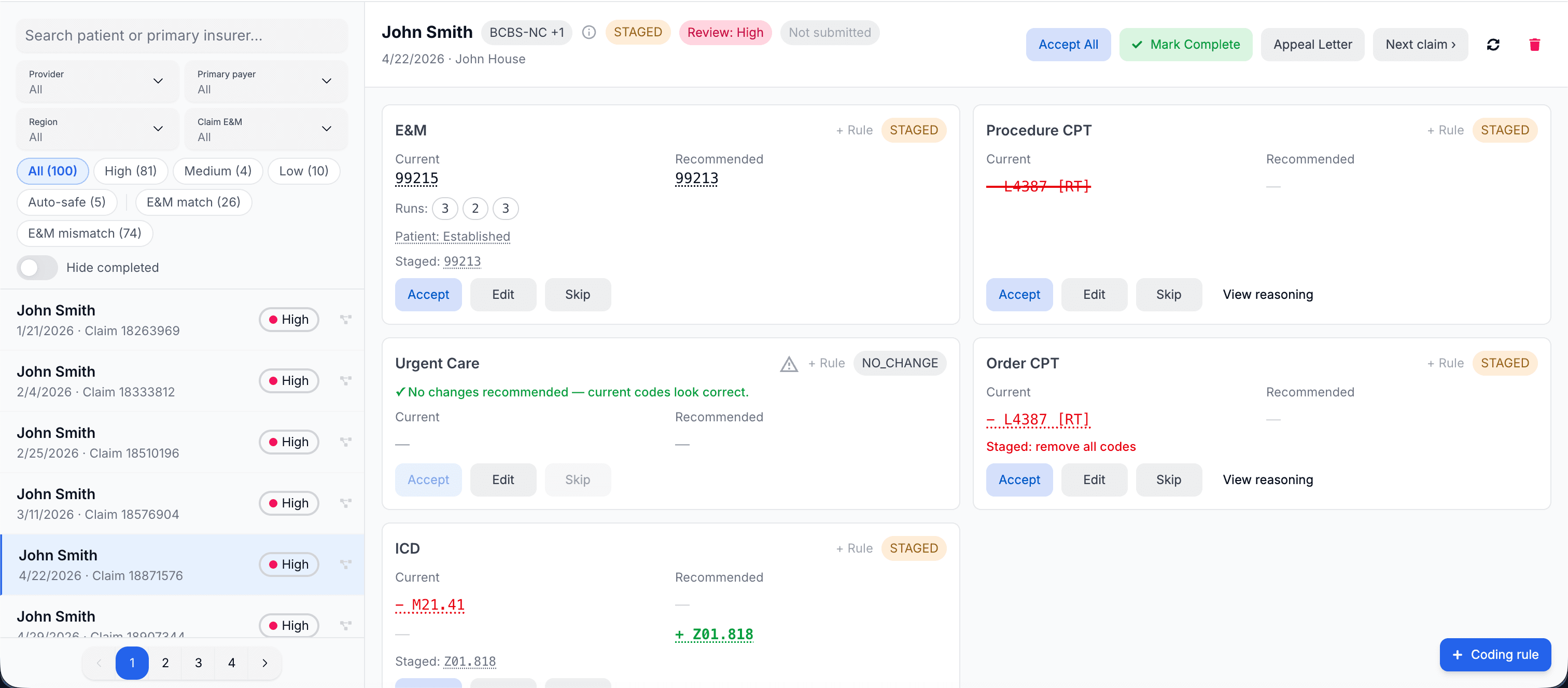 Claim-review workspace with search and filters on the left and Current and Recommended coding cards on the right