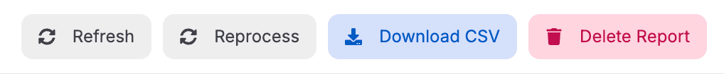Report toolbar with Refresh, Reprocess, Download CSV, and Delete Report buttons