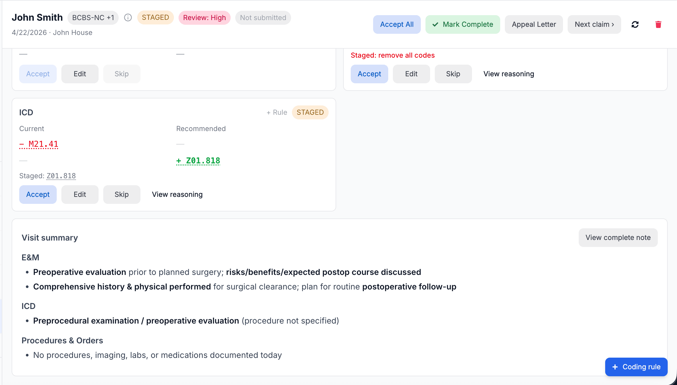 Encounter review showing an ICD recommendation, Visit summary, and View complete note button