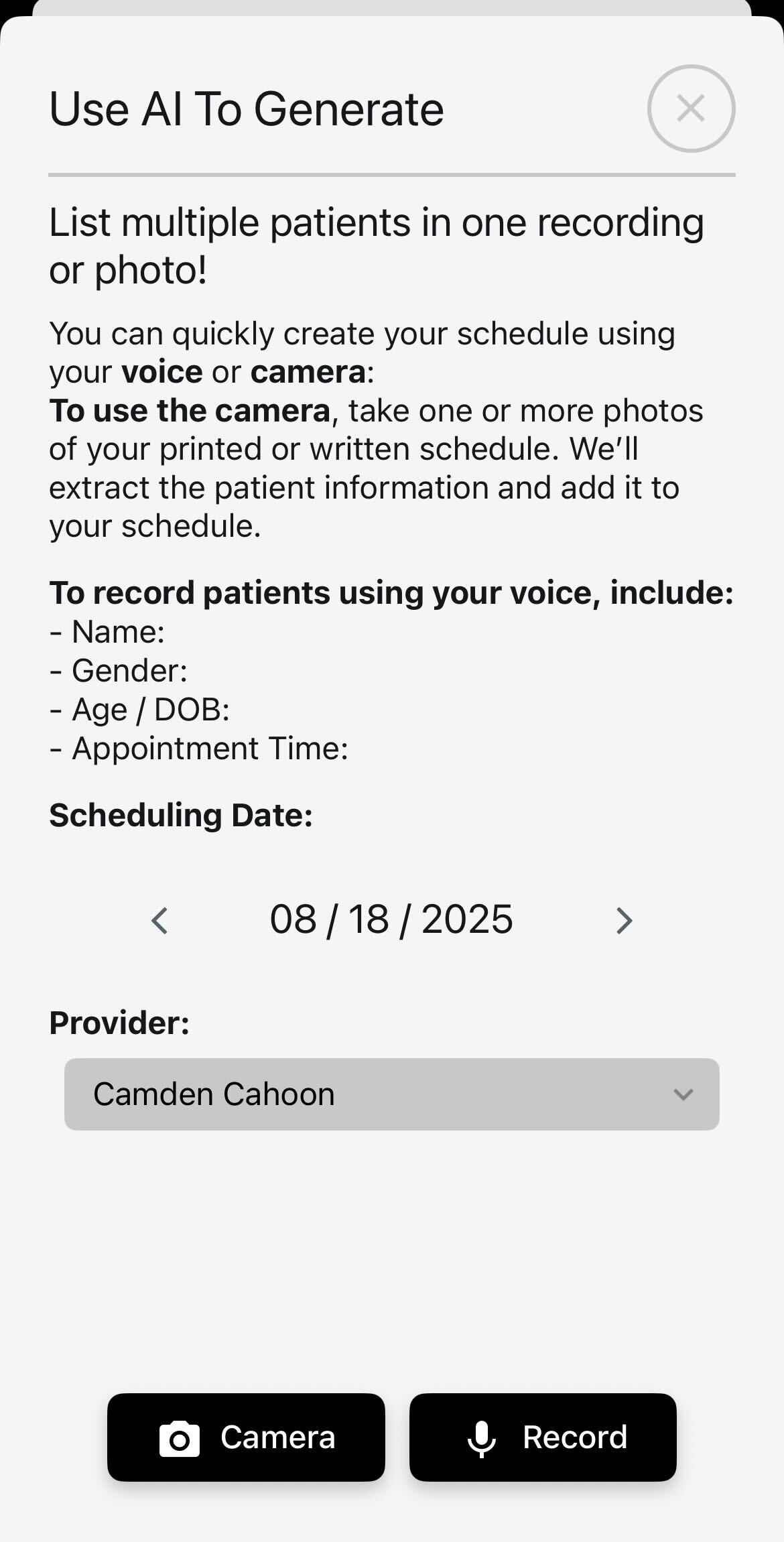 Add Person screen for entering patient information