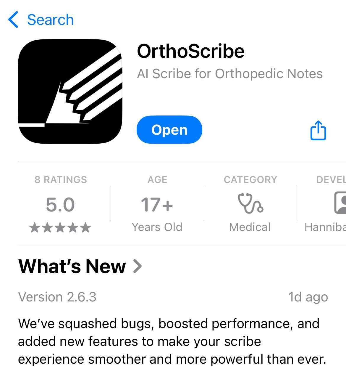 OrthoScribe App Store listing showing the app icon, name, and Open button
